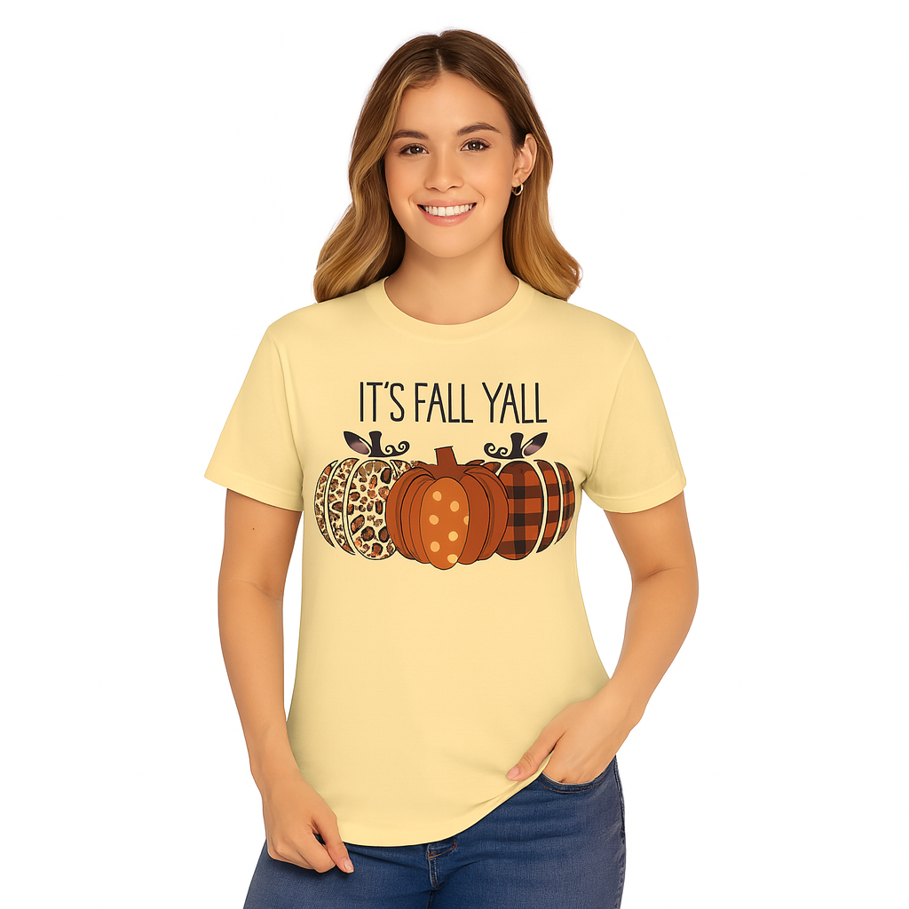 Comfort Colors® "It's Fall Y'all" Pumpkin T-Shirt – Leopard, Polka Dot & Plaid Autumn Tee