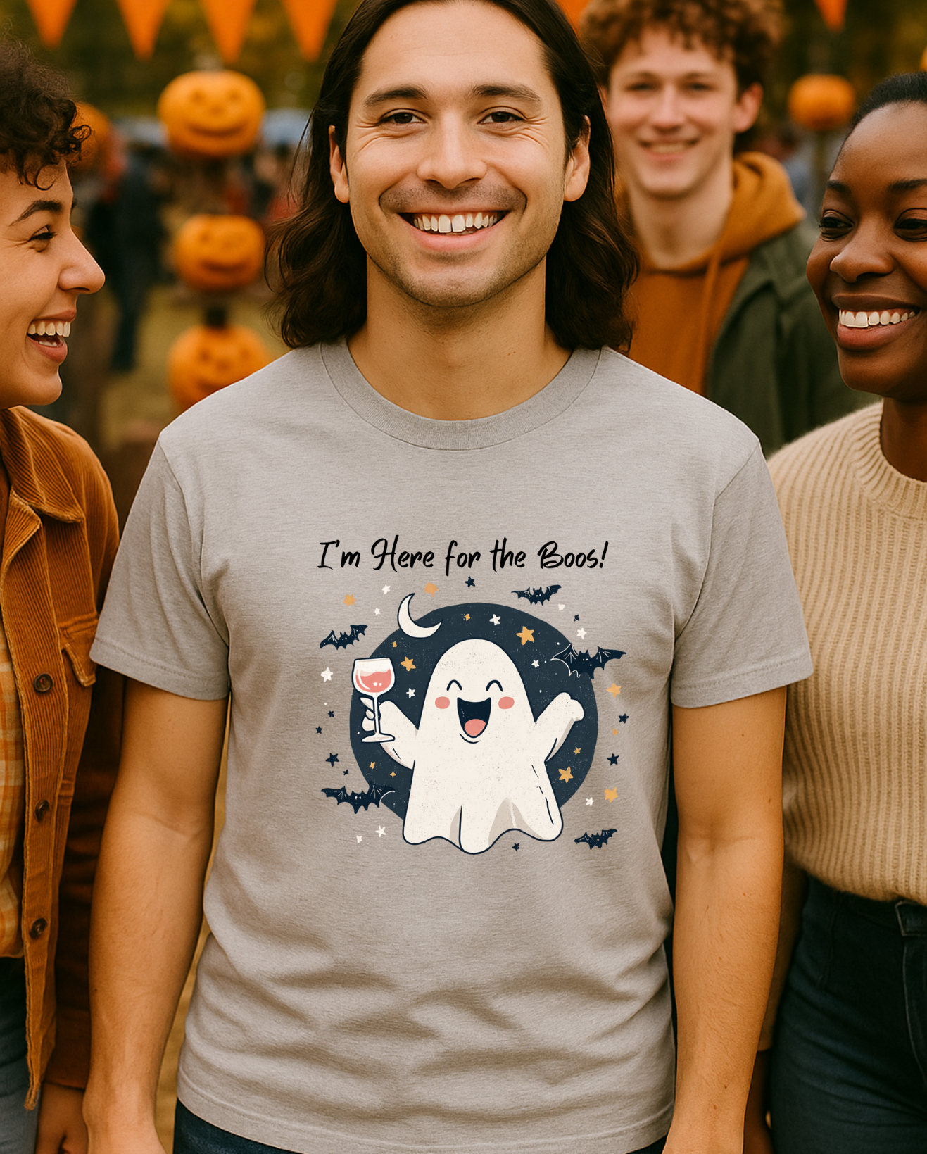 "I'm Here for the Boos" Cute Ghost Wine Halloween T-Shirt