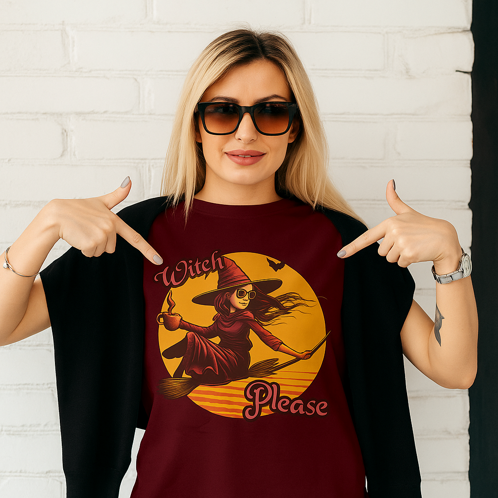 "Witch Please" Halloween T-Shirt – Retro Flying Witch Graphic Tee for Women
