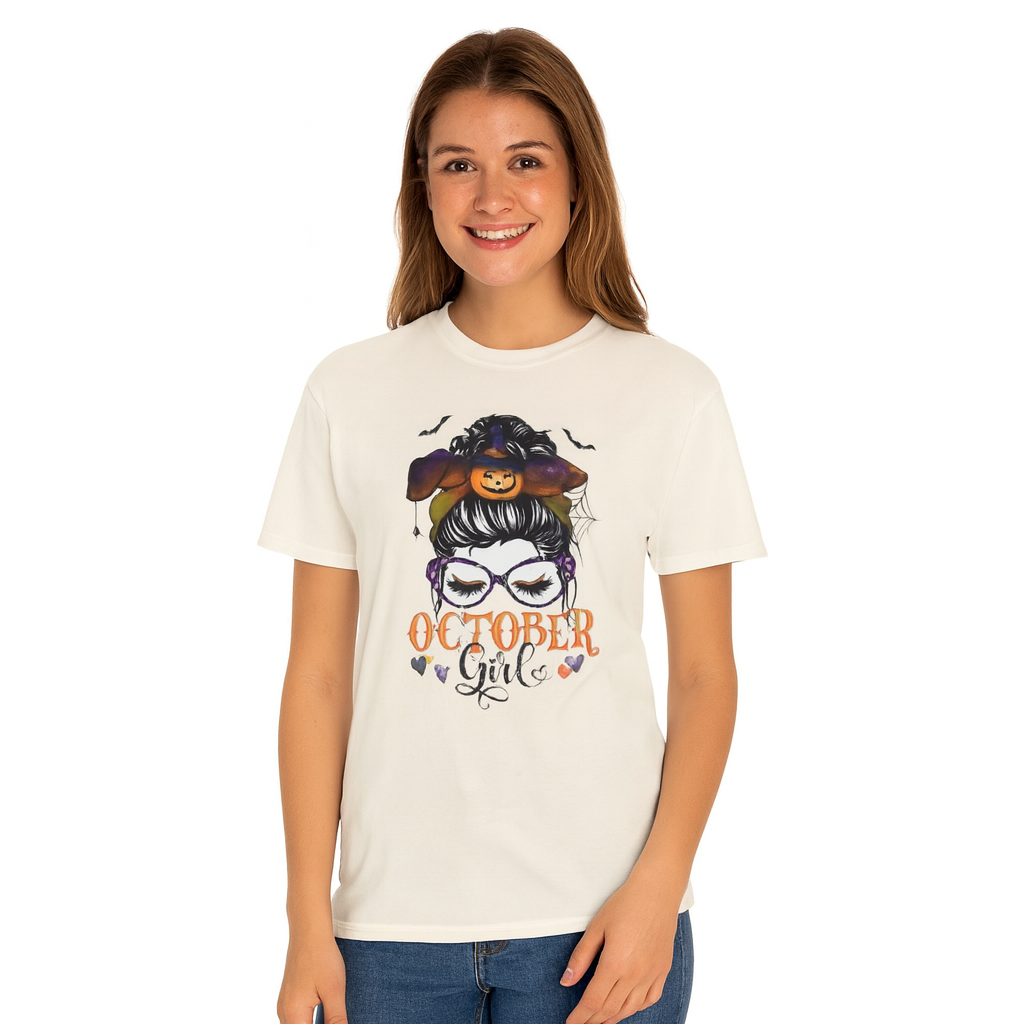 Comfort Colors® "October Girl" Halloween T-Shirt – Spooky Cute Pumpkin Headband & Glasses Design