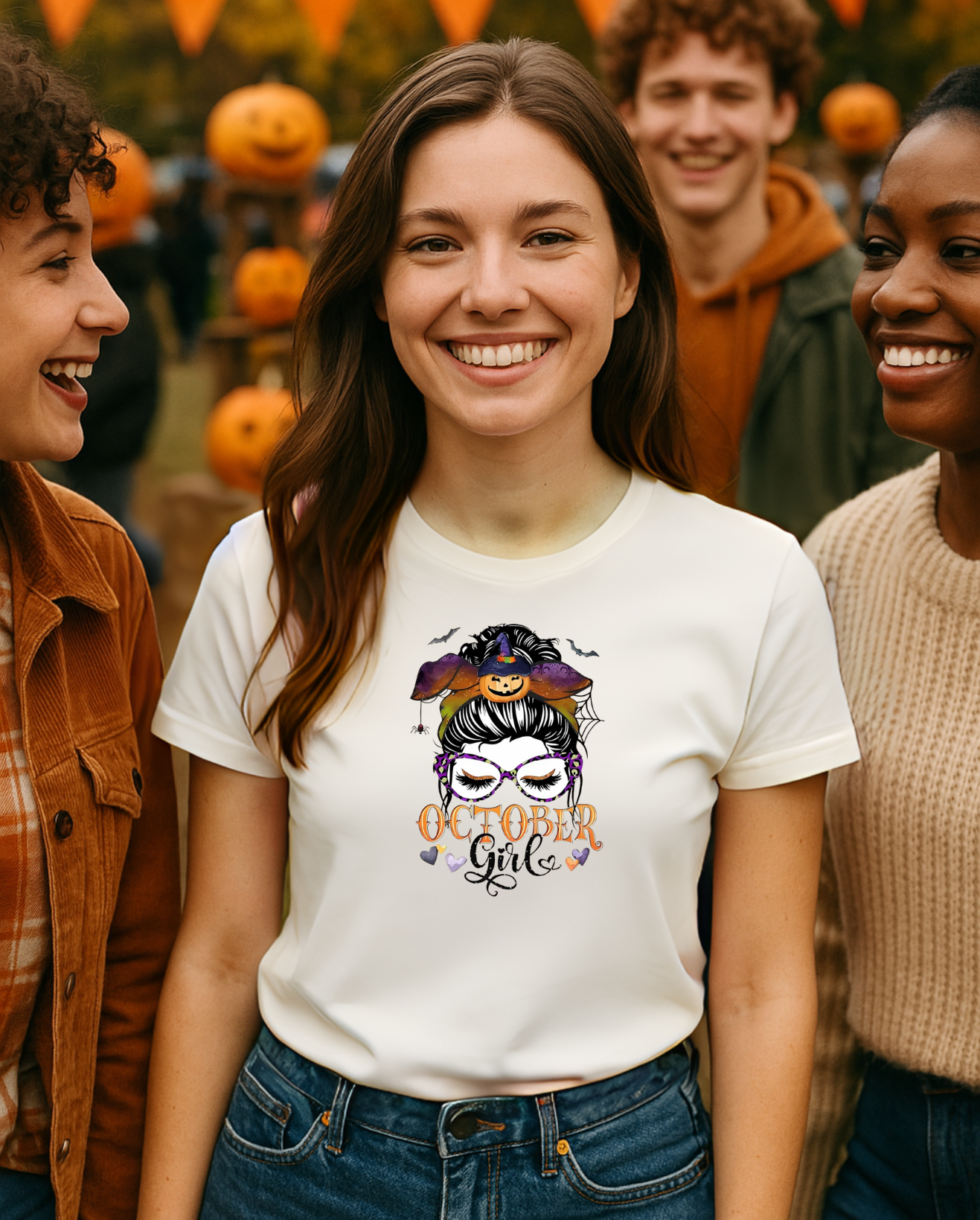 Comfort Colors® "October Girl" Halloween T-Shirt – Spooky Cute Pumpkin Headband & Glasses Design
