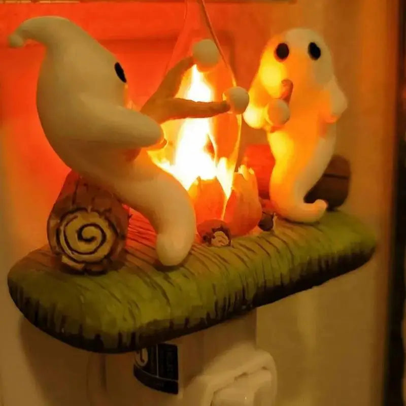 Halloween Ghost Spooky Cute Campfire Nightlight | Flickering Faux Bonfire Night Light Plug-in