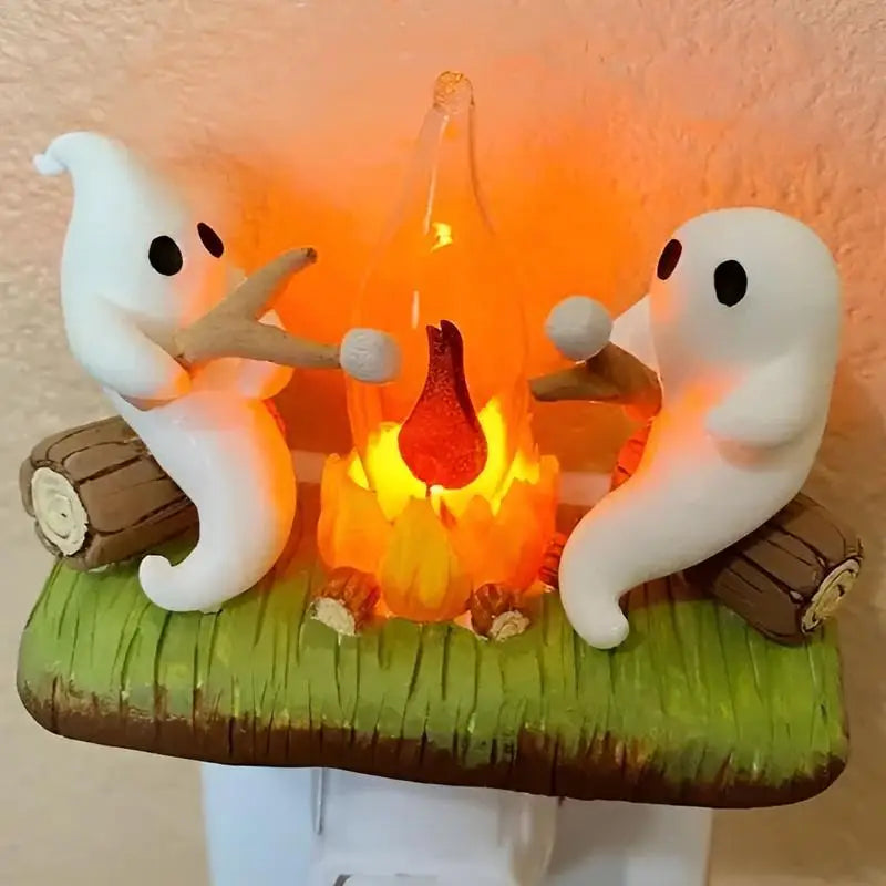 Halloween Ghost Spooky Cute Campfire Nightlight | Flickering Faux Bonfire Night Light Plug-in