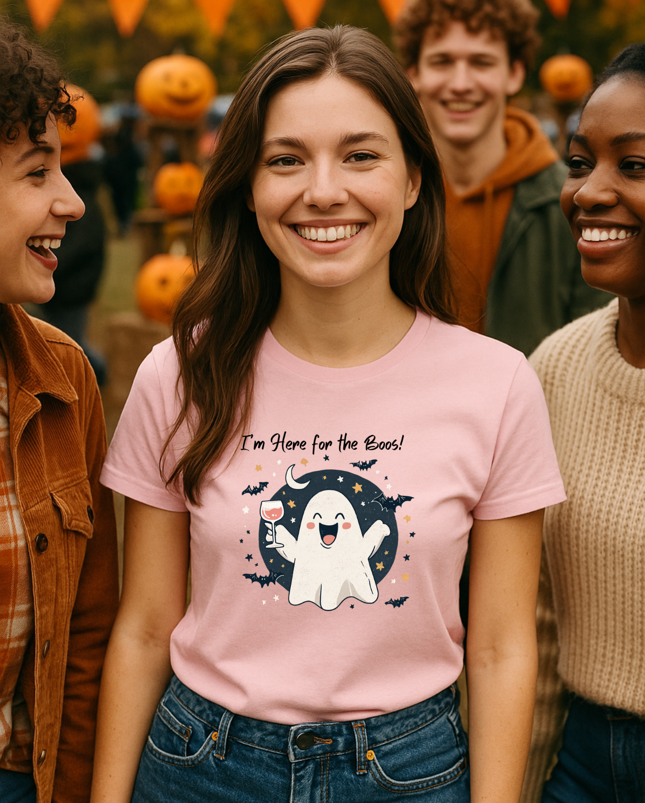 "I'm Here for the Boos" Cute Ghost Wine Halloween T-Shirt