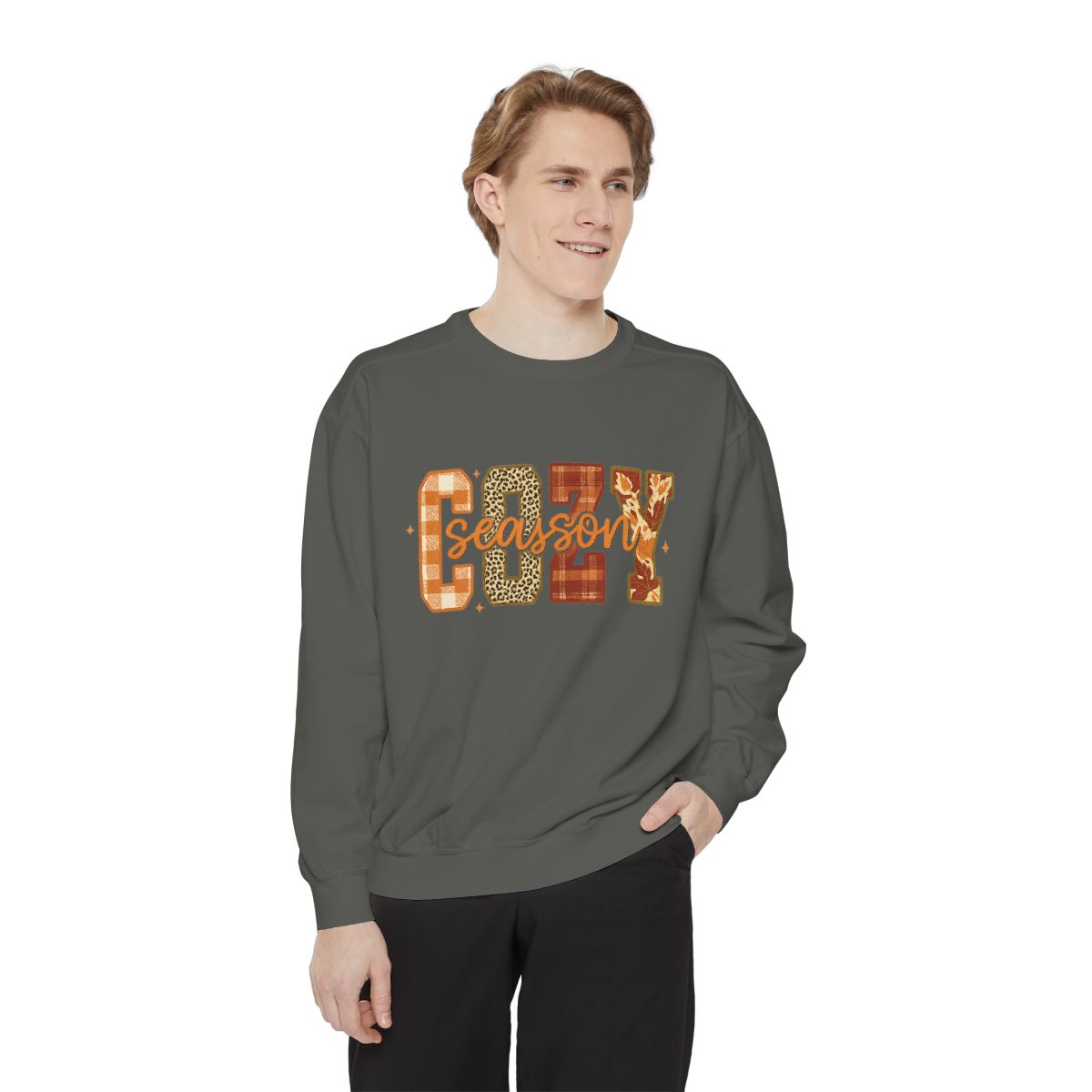 "Cozy Season" Fall Aesthetic Sweatshirt – Leopard, Plaid, Buffalo Check & Leaf Pattern
