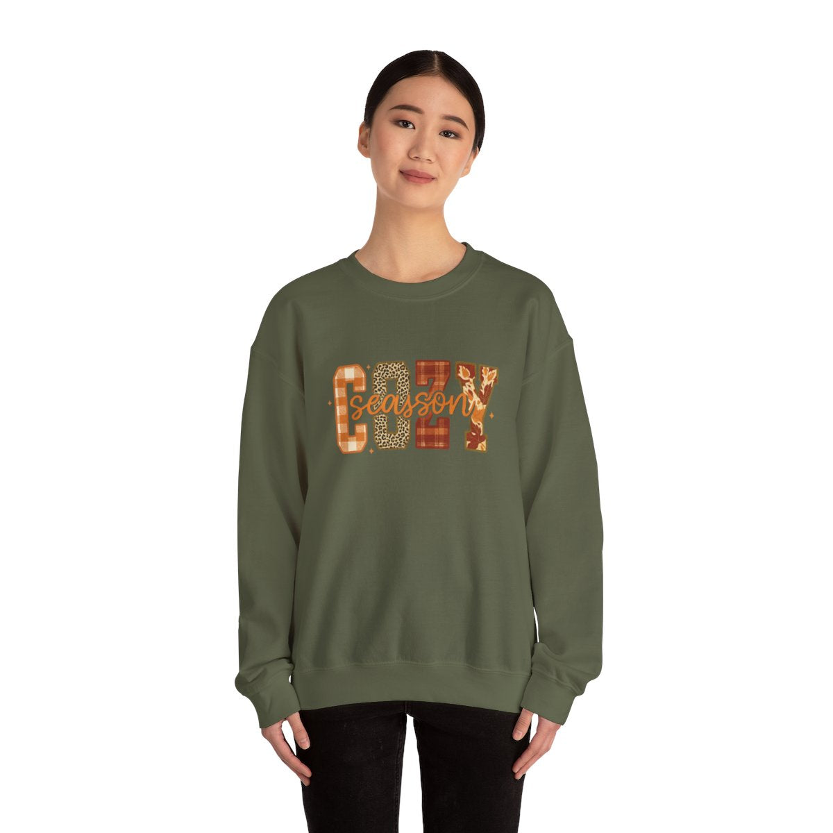 "Cozy Season" Fall Aesthetic Sweatshirt – Leopard, Plaid, Buffalo Check & Leaf Pattern