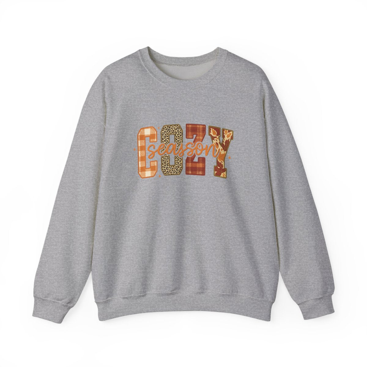 "Cozy Season" Fall Aesthetic Sweatshirt – Leopard, Plaid, Buffalo Check & Leaf Pattern