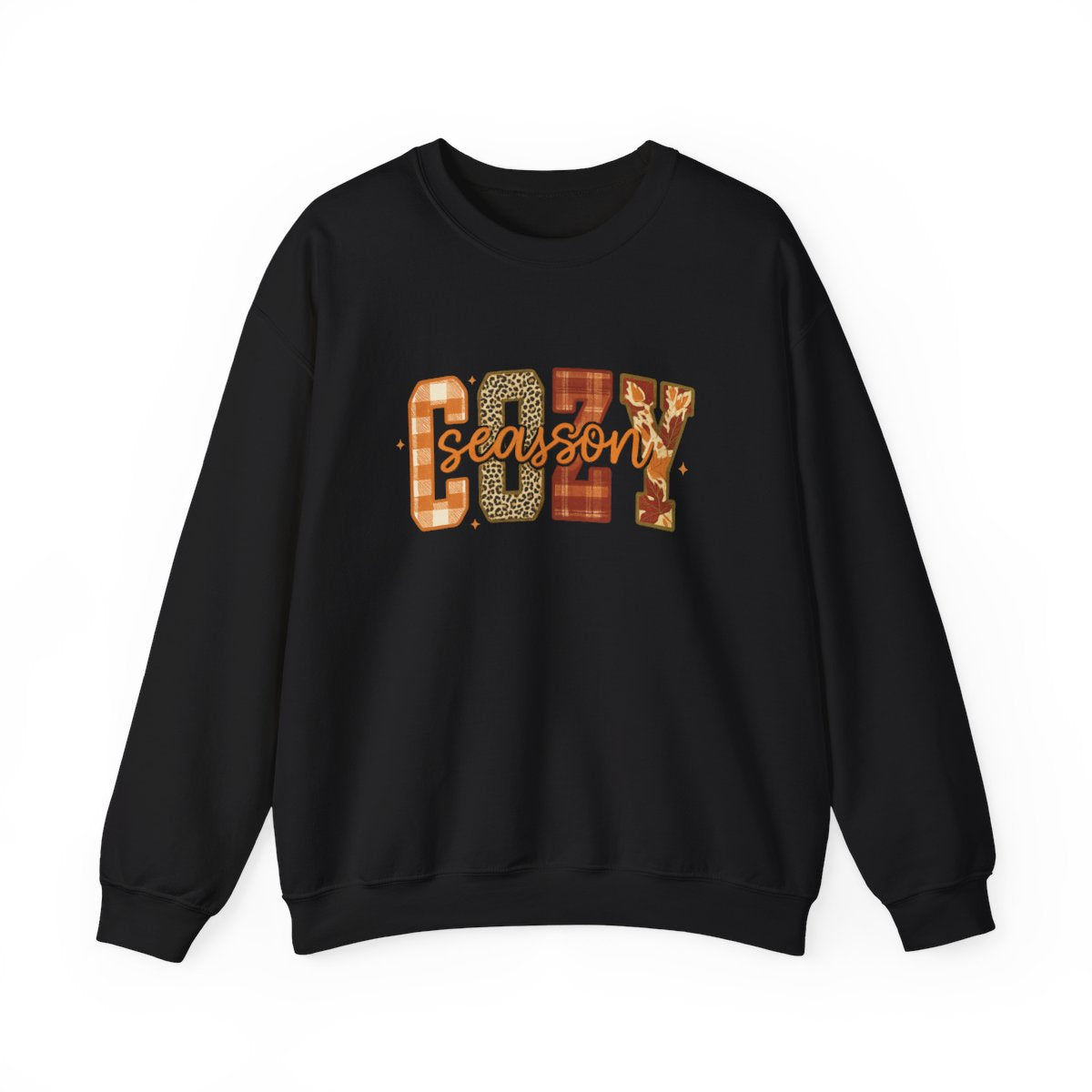 "Cozy Season" Fall Aesthetic Sweatshirt – Leopard, Plaid, Buffalo Check & Leaf Pattern