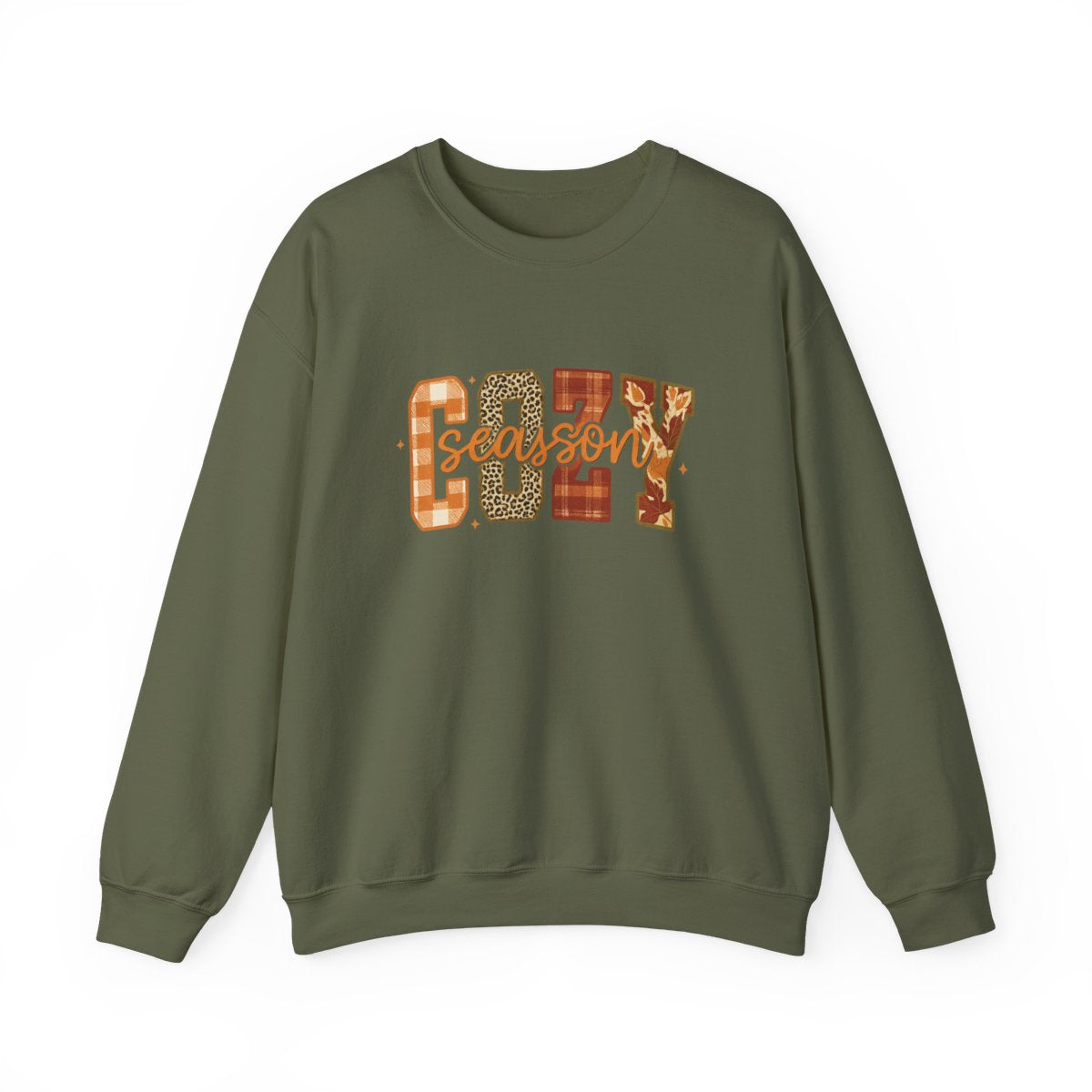 "Cozy Season" Fall Aesthetic Sweatshirt – Leopard, Plaid, Buffalo Check & Leaf Pattern