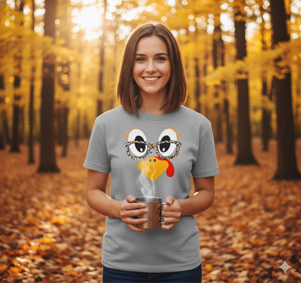 Sassy Turkey Face with Leopard Glasses T-Shirt - Funny Thanksgiving Tee