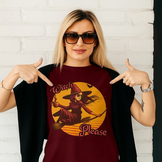"Witch Please" Halloween T-Shirt – Retro Flying Witch Graphic Tee for Women