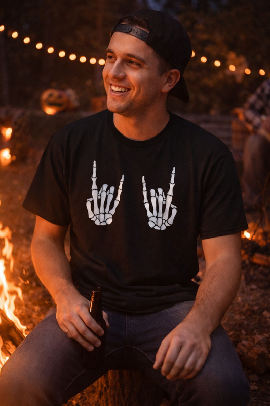 Skeleton Rock Hands T-Shirt | Heavy Metal Hand Sign Graphic Tee
