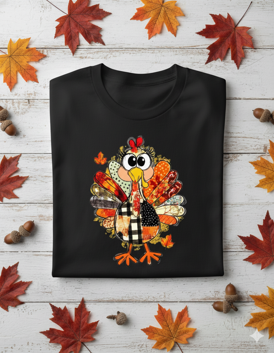 Quirky Patchwork Turkey Long Sleeve T-Shirt - Cute Thanksgiving Fall Tee T-Shirt