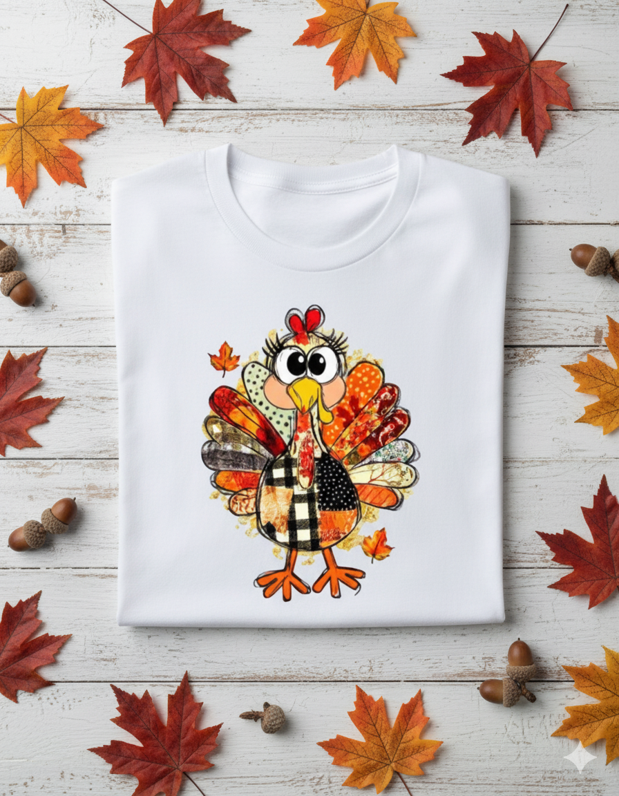 Quirky Patchwork Turkey Long Sleeve T-Shirt - Cute Thanksgiving Fall Tee T-Shirt