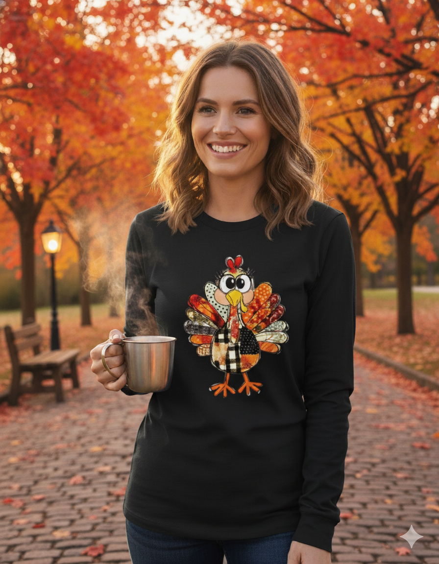 Quirky Patchwork Turkey Long Sleeve T-Shirt - Cute Thanksgiving Fall Tee T-Shirt