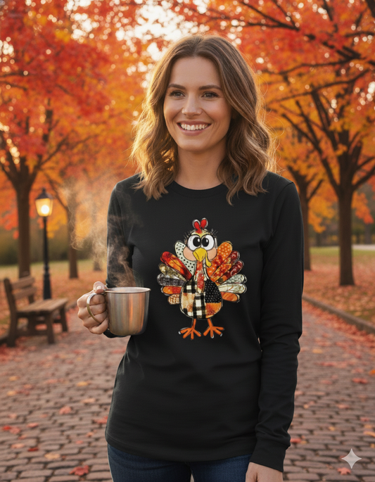Quirky Patchwork Turkey Long Sleeve T-Shirt - Cute Thanksgiving Fall Tee T-Shirt