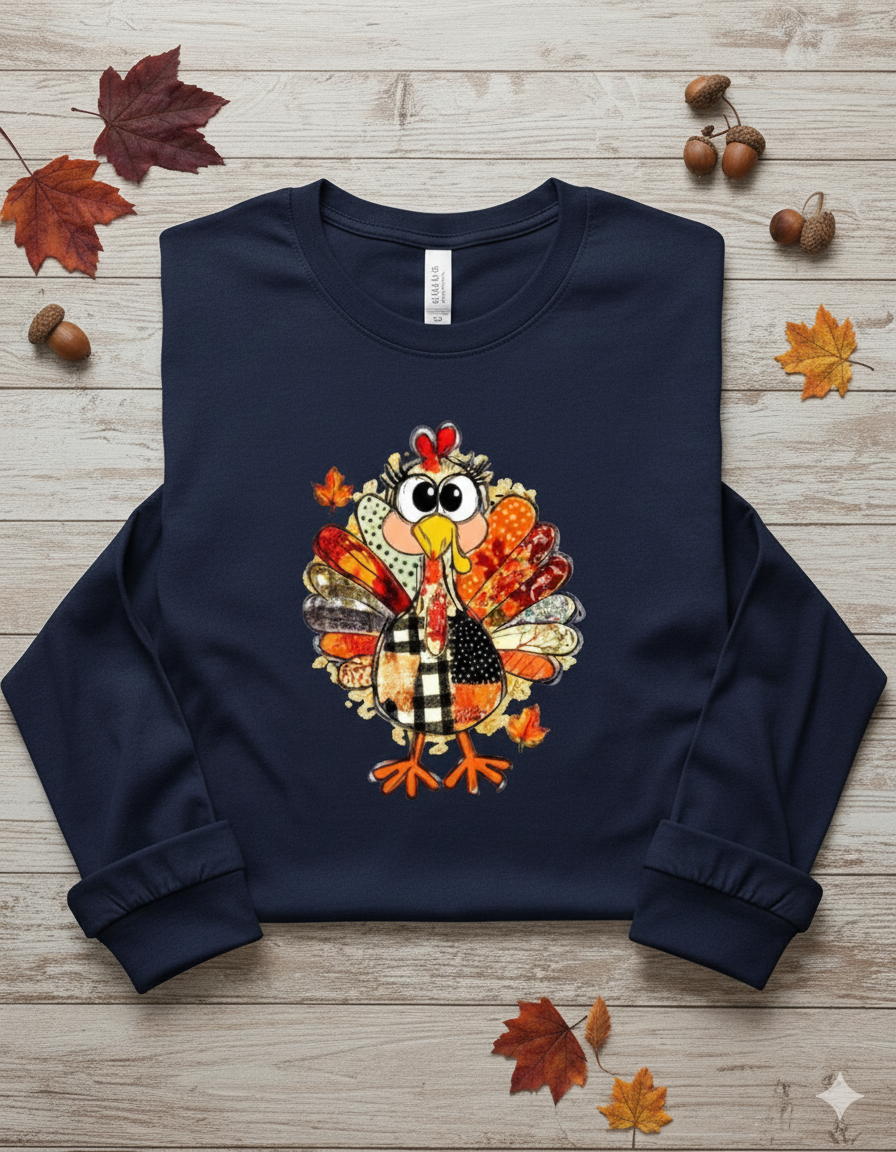 Quirky Patchwork Turkey Long Sleeve T-Shirt - Cute Thanksgiving Fall Tee T-Shirt