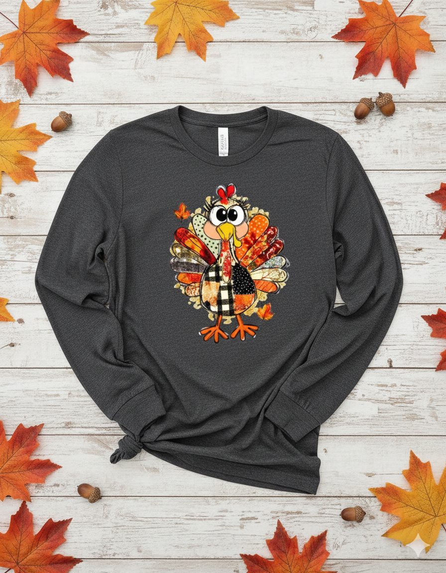 Quirky Patchwork Turkey Long Sleeve T-Shirt - Cute Thanksgiving Fall Tee T-Shirt