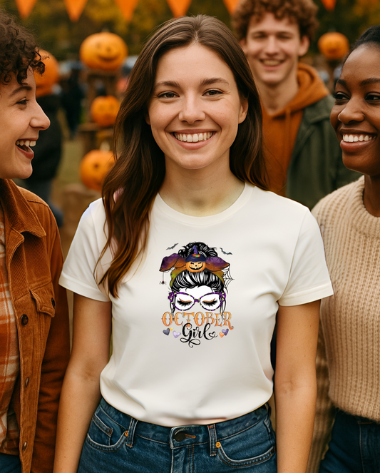Comfort Colors® "October Girl" Halloween T-Shirt – Spooky Cute Pumpkin Headband & Glasses Design