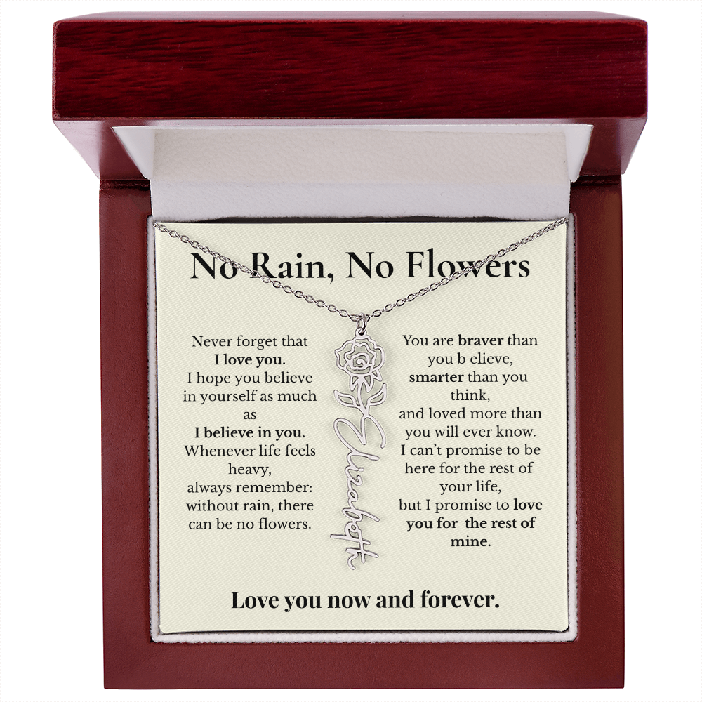 Personalized Birth Month Flower Name Necklace – “No Rain, No Flowers” Inspirational Gift