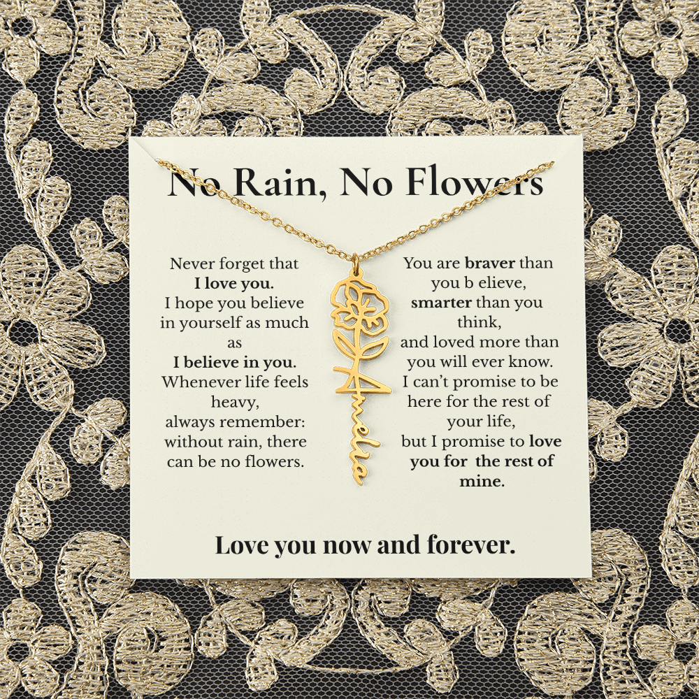 Personalized Birth Month Flower Name Necklace – “No Rain, No Flowers” Inspirational Gift