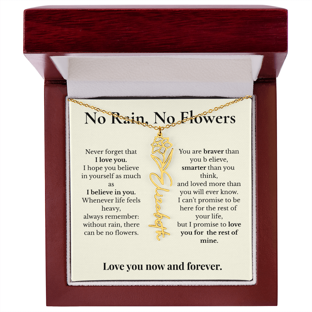 Personalized Birth Month Flower Name Necklace – “No Rain, No Flowers” Inspirational Gift