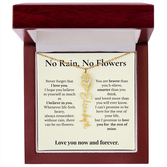 Personalized Birth Month Flower Name Necklace – “No Rain, No Flowers” Inspirational Gift