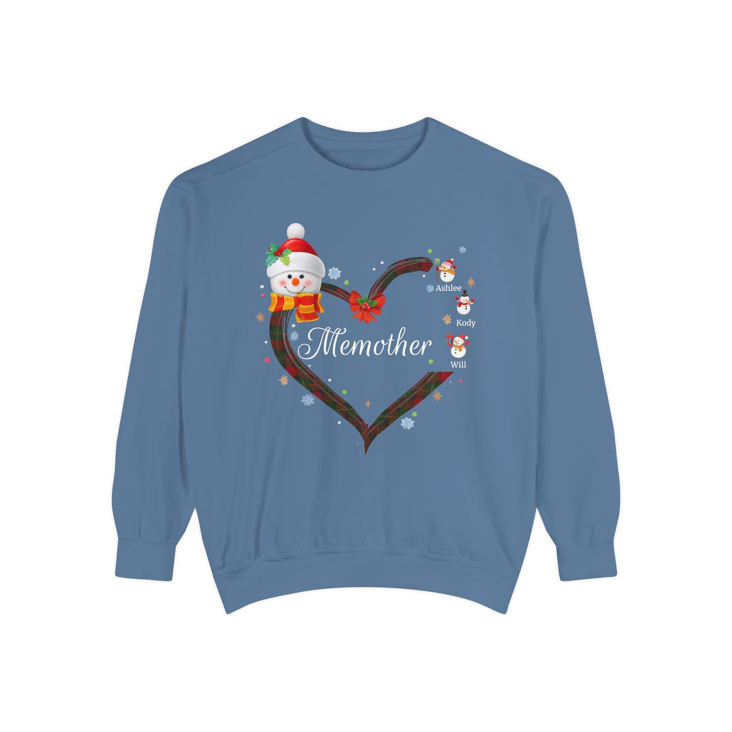Personalized “Grammy” Christmas Snowman Comfort Colors® Sweatshirt – With Grandma's Special Nickname and Up to 5 Grandkids’ Names