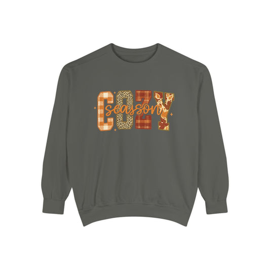 "Cozy Season" Fall Aesthetic Sweatshirt – Leopard, Plaid, Buffalo Check & Leaf Pattern
