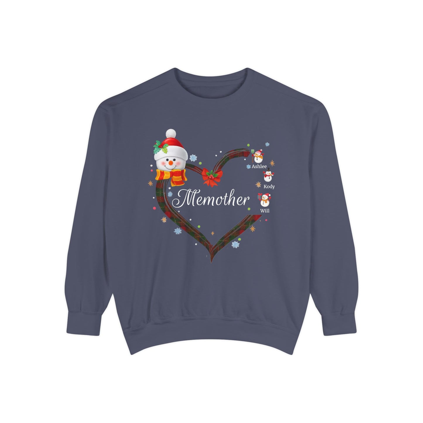 Personalized “Grammy” Christmas Snowman Comfort Colors® Sweatshirt – With Grandma's Special Nickname and Up to 5 Grandkids’ Names